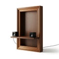 Ornate Wooden Frame Recess with Modern Black Speakers and Cables on White Background Royalty Free Stock Photo