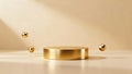 A minimalist composition featuring a golden circular platform with floating golden spheres against a soft, neutral background Royalty Free Stock Photo