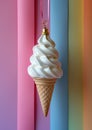 A minimalist composition featuring an ice cream transformed into a whimsical Christmas ornament by attaching a brass cap