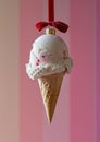 A minimalist composition featuring an ice cream transformed into a whimsical Christmas ornament by attaching a brass cap