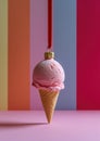 A minimalist composition featuring an ice cream transformed into a whimsical Christmas ornament by attaching a brass cap