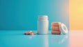 A minimalist composition featuring a stack of pills, a pill bottle, and loose pills on a vibrant blue surface, bathed in soft, Royalty Free Stock Photo