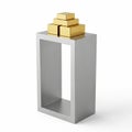 Stack of Golden Cubes on a Brushed Metal Rectangular Stand on White Background gold cubes Royalty Free Stock Photo