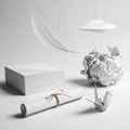 A minimalist composition featuring various paper objects, all in shades of white. A stack of blank Royalty Free Stock Photo