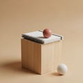 A minimalist composition featuring a wooden cube on a beige background Royalty Free Stock Photo
