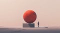 Minimalist Composition Of Man Standing On Large Red Object In Desert