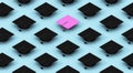 Minimalist composition pattern with black graduation caps and one pink on a blue background