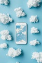 Minimalist composition with a smartphone showing a sky image, surrounded by cotton clouds on a blue background, symbolizing cloud Royalty Free Stock Photo