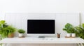 minimalist computer on white desk Royalty Free Stock Photo