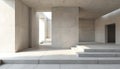 Minimalist concrete interior with geometric forms and natural light. Empty space features steps and platforms. Modern Royalty Free Stock Photo