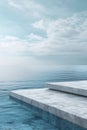 Minimalist concrete platform extending into calm blue ocean under serene sky, soft clouds, tranquil environment. Royalty Free Stock Photo