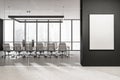 Minimalist conference interior behind glass doors, windows and mockup poster