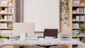 A minimalist contemporary private office features a computer on a modern marble desk Royalty Free Stock Photo