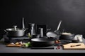 minimalist cooking setup, with sleek and stylish cookware, plates, and ingredients