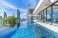 A minimalist cubic villa with a rooftop infinity pool and urban skyline Royalty Free Stock Photo