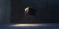 A minimalist 3D background featuring a single levitating cube made of polished obsidian, softly