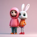 Minimalist 3d Cartoon Girl And Rabbit Model With Soft-focus Technique