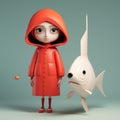 Minimalist 3d Character Margaret With Fish: A Playful And Whimsical Artwork