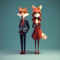 Minimalist 3d Characters Of Couple And Fox: Pristine Geometry And Warm Color Palette