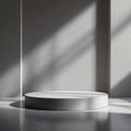 Minimalist 3D concrete cylinder pedestal in a neutral grey studio with dramatic sunlight and shadows Royalty Free Stock Photo