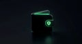 Minimalist 3D icon of a sleek, black digital wallet with a subtle green glow and a security shield emblem Royalty Free Stock Photo