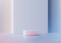 minimalist 3d pink cylindrical podium on reflective surface with pastel blue and pink panels, modern product display mockup