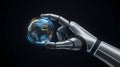 A minimalist 3D render of a clean, metallic robotic or prosthetic hand gently holding a glowing Royalty Free Stock Photo