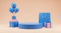 Blue Podium With Gift Boxes Balloons And Shopping Bag On Peach Background stage display Royalty Free Stock Photo