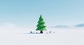 Minimalist 3D render featuring a low-poly evergreen tree and abstract geometric smooth spheres and cubes scattered across a serene Royalty Free Stock Photo