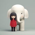 Minimalist 3d Render: Girl And White Elephant In Japanese Style