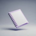 A minimalist 3D render of an open spiral-bound notebook with a lavender cover and blank white pages floating in space Royalty Free Stock Photo