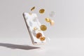 Minimalist 3D Render of Smartphone Displaying Digital Wallet with Floating Cryptocurrency Coins Royalty Free Stock Photo