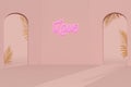 3D render space in pastel pink with two entrances, tropical gold leaves and a neon love sign