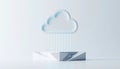 Minimalist 3D render of a stylized, smooth white cloud icon, with subtle cyan lighting lines flowing down to a unique Royalty Free Stock Photo