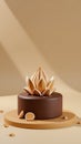 Delicious Chocolate Cake with Mousse Topping and Hazelnuts on Wooden Plate Royalty Free Stock Photo