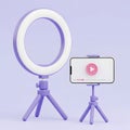 Minimalist 3d rendering of a purple ring light and smartphone setup for content creation on lilac background Royalty Free Stock Photo