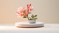 Minimalist 3d Rendering Of Pink Azalea Flower On Circular Platform With Volumetric Lighting