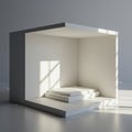 A minimalist 3D rendering of a small, open cube structure displaying a set of white, Royalty Free Stock Photo