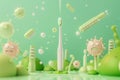 A minimalist 3D scene featuring a charming toothbrush heroically escaping a horde of cartoon germs. by AI generated