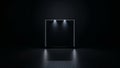 Minimalist dark stage background featuring a glowing white rectangular frame illuminated by two distinct overhead spotlights Royalty Free Stock Photo