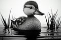 Minimalist depiction of a duck in serene black and white waters