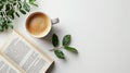 A minimalist depiction of an open book and a cup of coffee on a white background