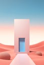 Minimalist Desert Entrance: Pastel Dreamscape with Stairs and Door