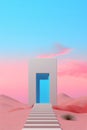 Minimalist Desert Entrance: Pastel Dreamscape with Stairs and Door