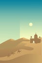 Minimalist desert panorama landscape with sand dunes and mosque on very hot sunny day summer concept. Scenery nature background