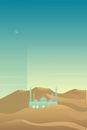 Minimalist desert panorama landscape with sand dunes and mosque on very hot sunny day summer concept. Scenery nature background