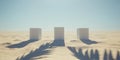 Minimalist Desert Scene Three Blank Cubes in Sand with Palm Tree Shadows Royalty Free Stock Photo
