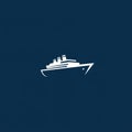 A minimalist design features a white silhouette of a ship on a dark blue background. Royalty Free Stock Photo