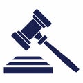 A minimalist design featuring a gavel silhouette inside a shield, with a cube perched on top, Minimalist design featuring a gavel Royalty Free Stock Photo