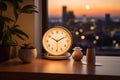 Minimalist desk clock placed on table in modern apartment with warm and cozy lighting inside